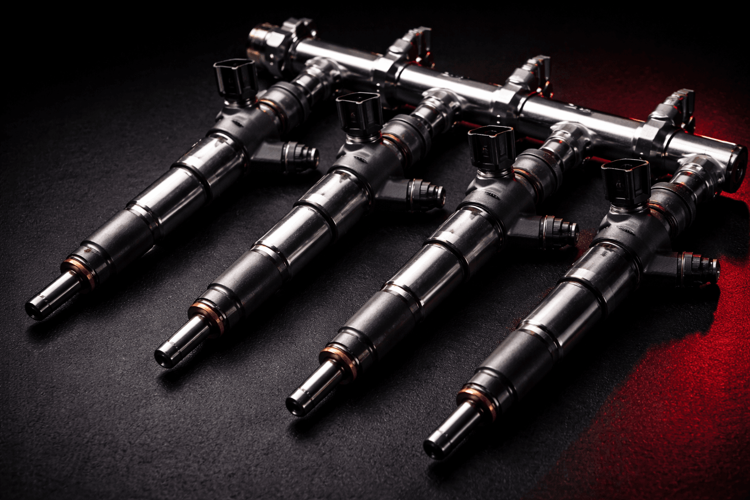 Four Kia CRDi diesel injectors attached to a common-rail fuel rail assembly