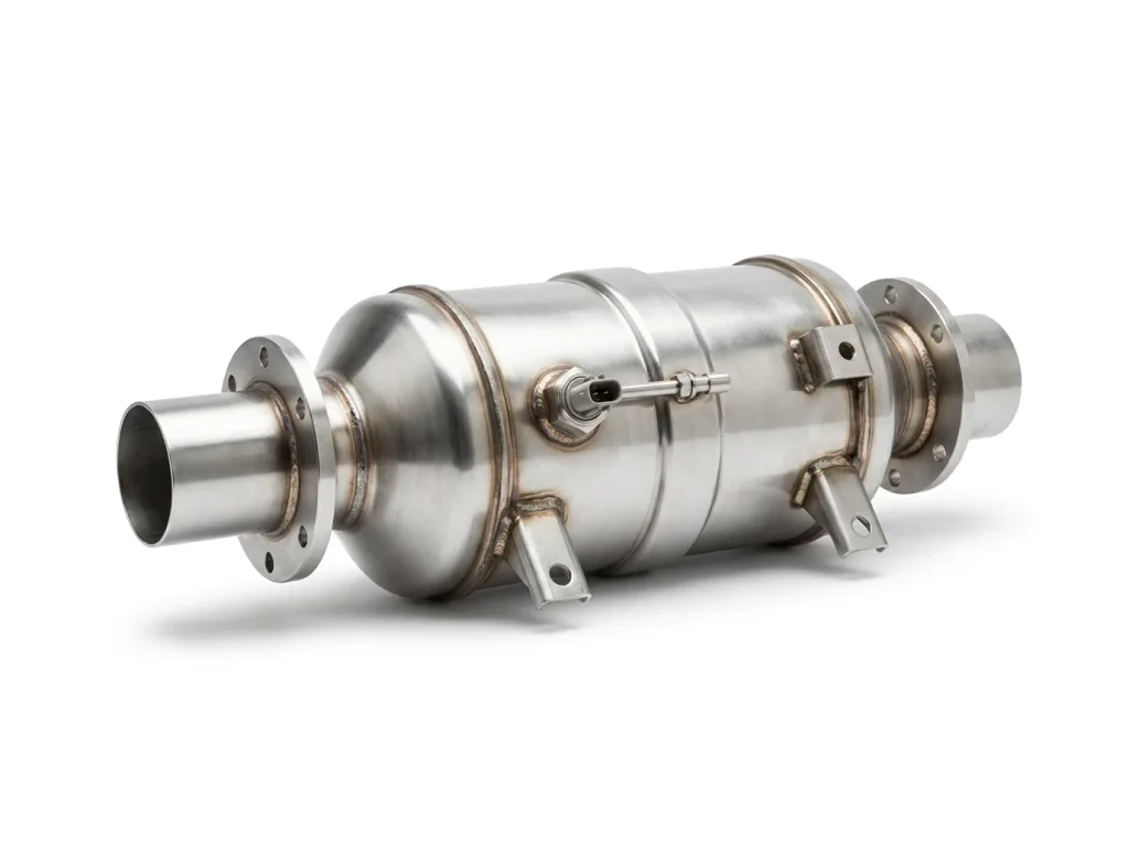 Diesel particulate filter for a Kia Soul 1.6 CRDi, showing the inlet and outlet flanges and pressure sensor port